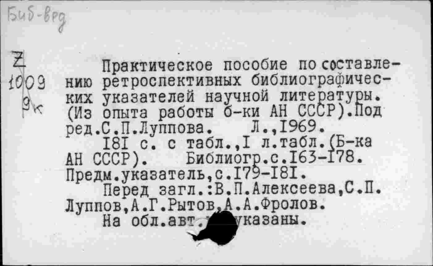 ﻿W09
?\с
Практическое пособие по составле-
нию ретроспективных библиографичес--------.«а.. «аажм* А. м М	«
(Из опыта работы 0-ки ред.С.П.Луппова.
АН СССР).
ы.
од
указателей научной литер I АН ССС
Л.,1969.
181 с. с табл.,1 л.табл.(Б-ка Библиого.с.163-178.
Предм.указатель,с.I79-I8I.
Перед загл.:В.П.Алексеева,С.П.
Луппов,А.Г.Рытов
На обл.авт./
.А.Фролов, указаны.